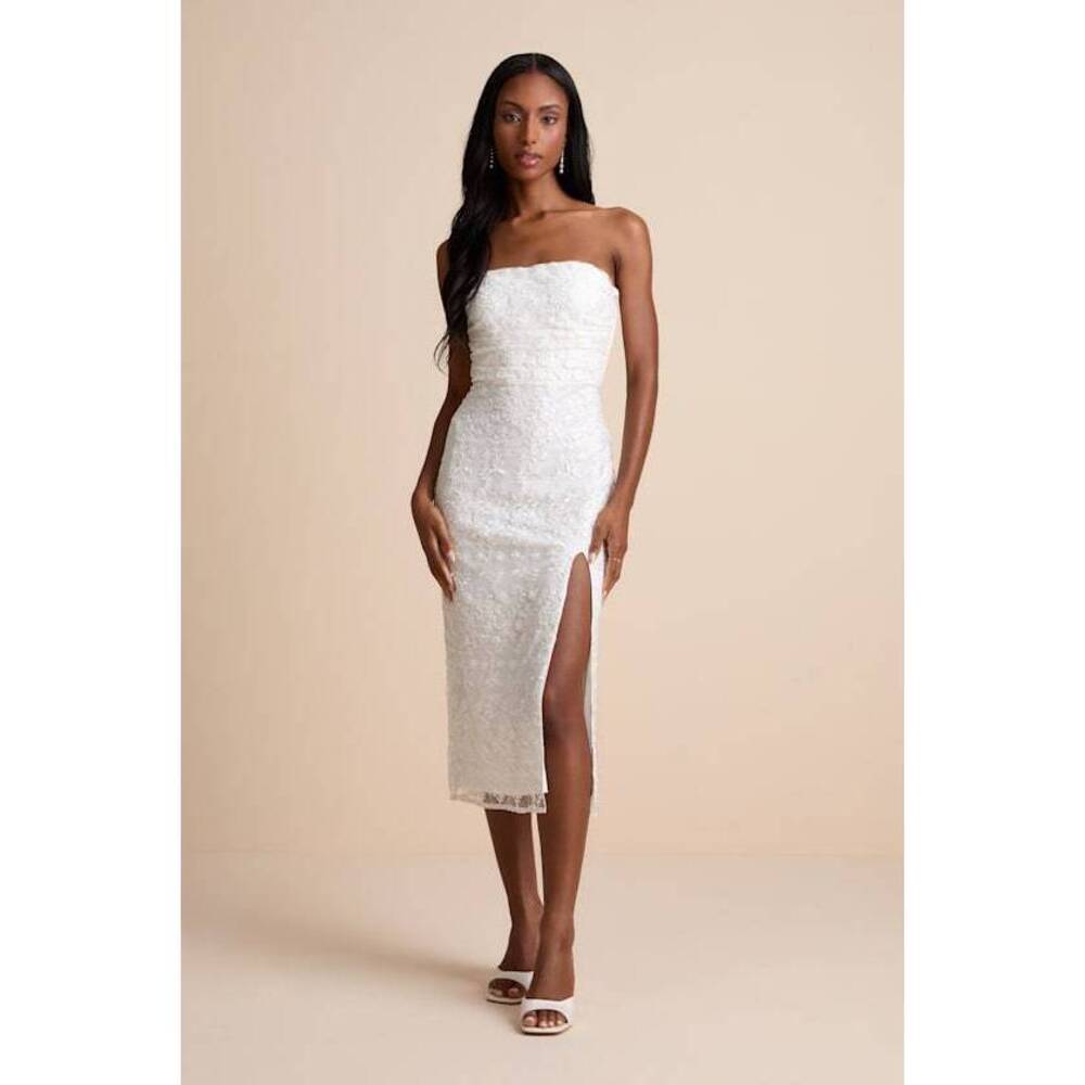 Lulus Tera White Floral Embroidered Strapless Midi Dress - Size L